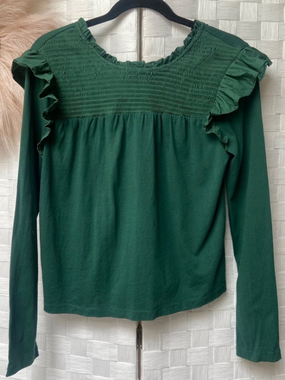 English Factory 100% Cotton Hunter Green Ruffle Long Sleeve Top Shirt Size S